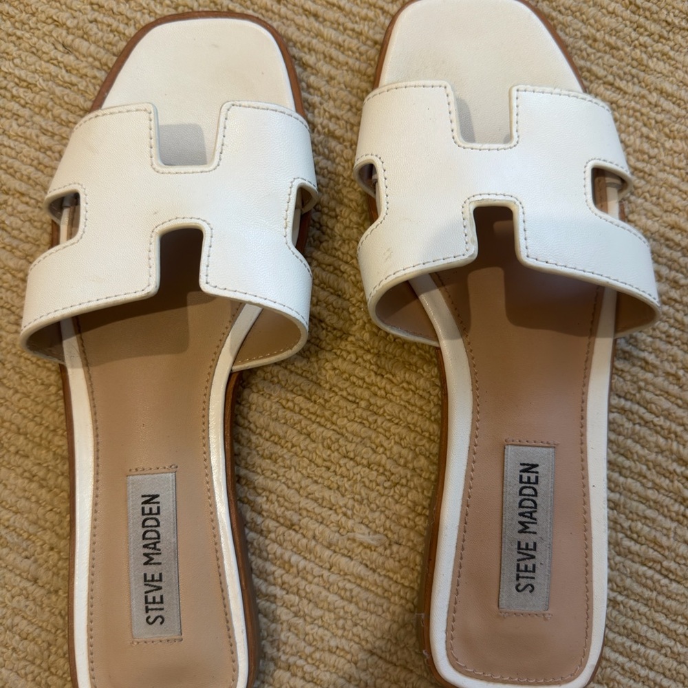 Steve Madden White Leather H-strap Slide Sandals
